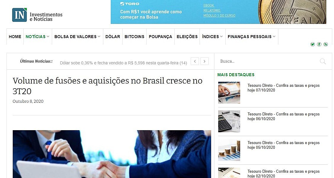 Volume de fuses e aquisies no Brasil cresce no 3T20